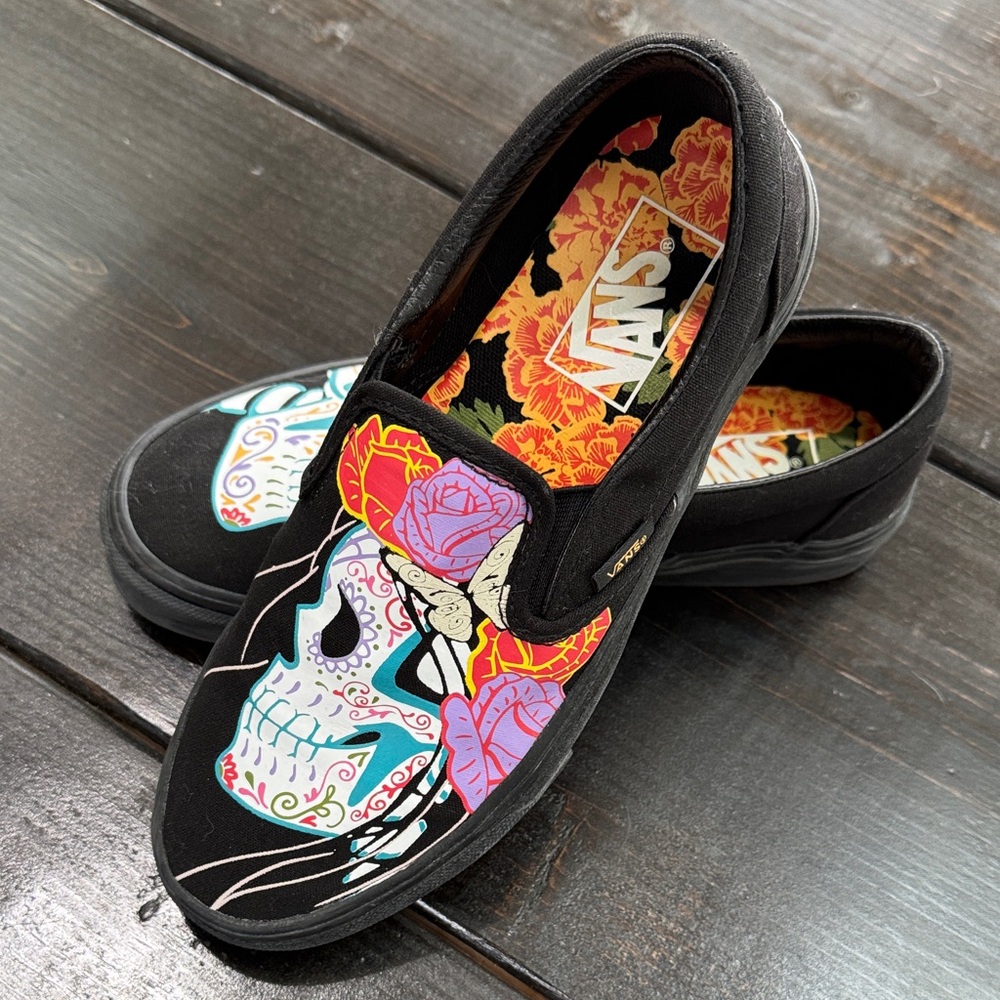 Vans Black Slip-Ons with Vibrant Skull Art “Day of the Dead”